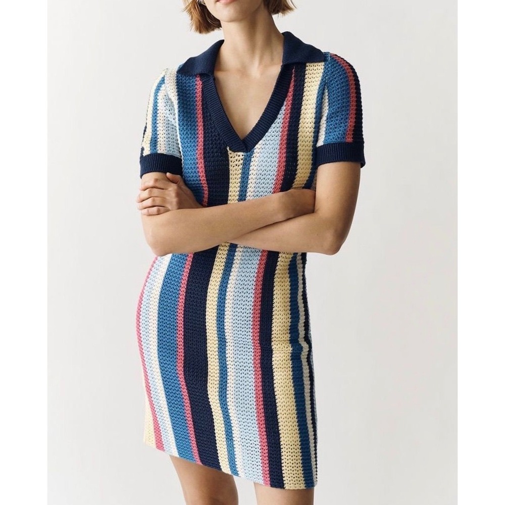 Anthropologie Striped Knit Polo Mini Dress Blue Pink Cream XS NWT